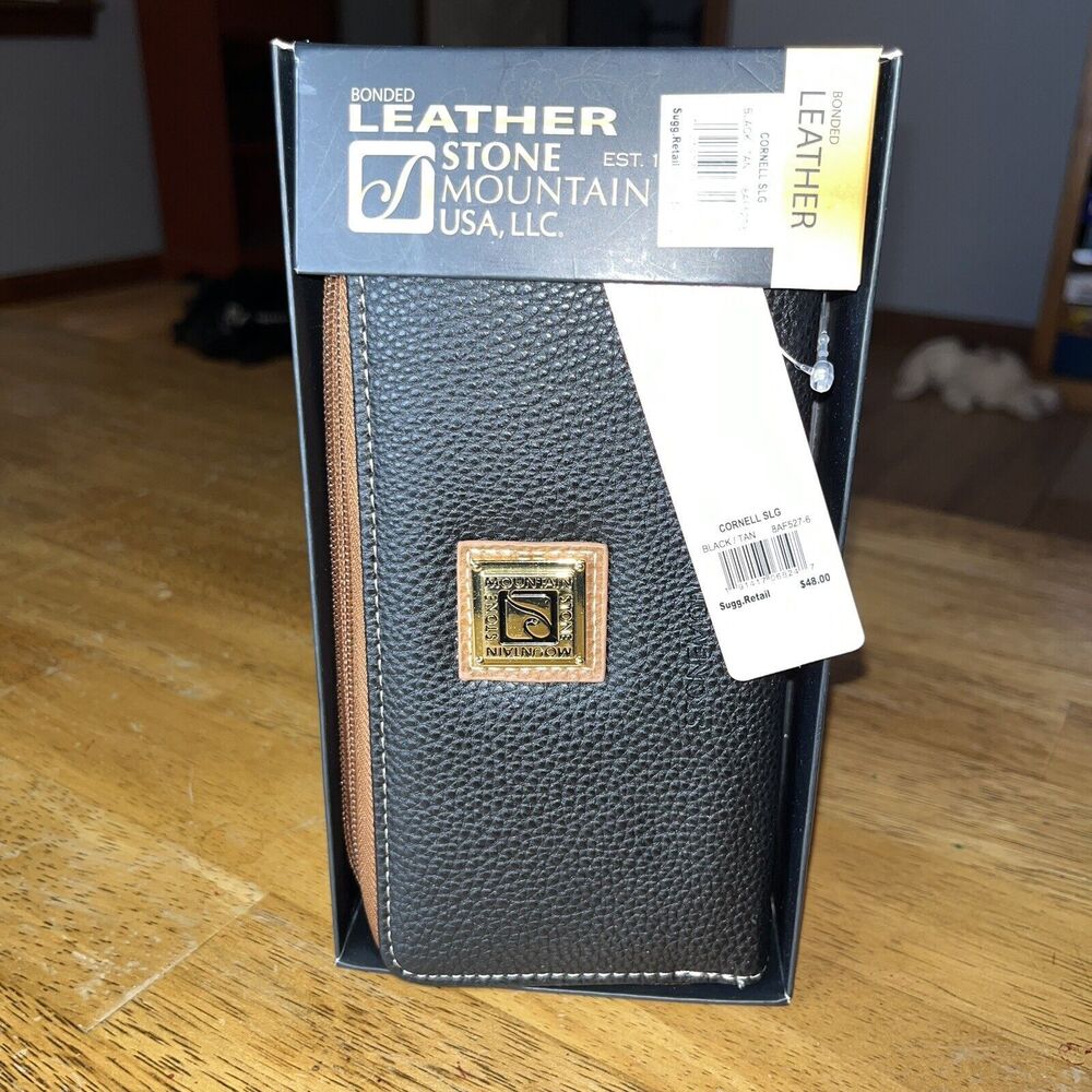 Stone Mountain Cornell Bonded Leather Wallet Black & Tan NEW